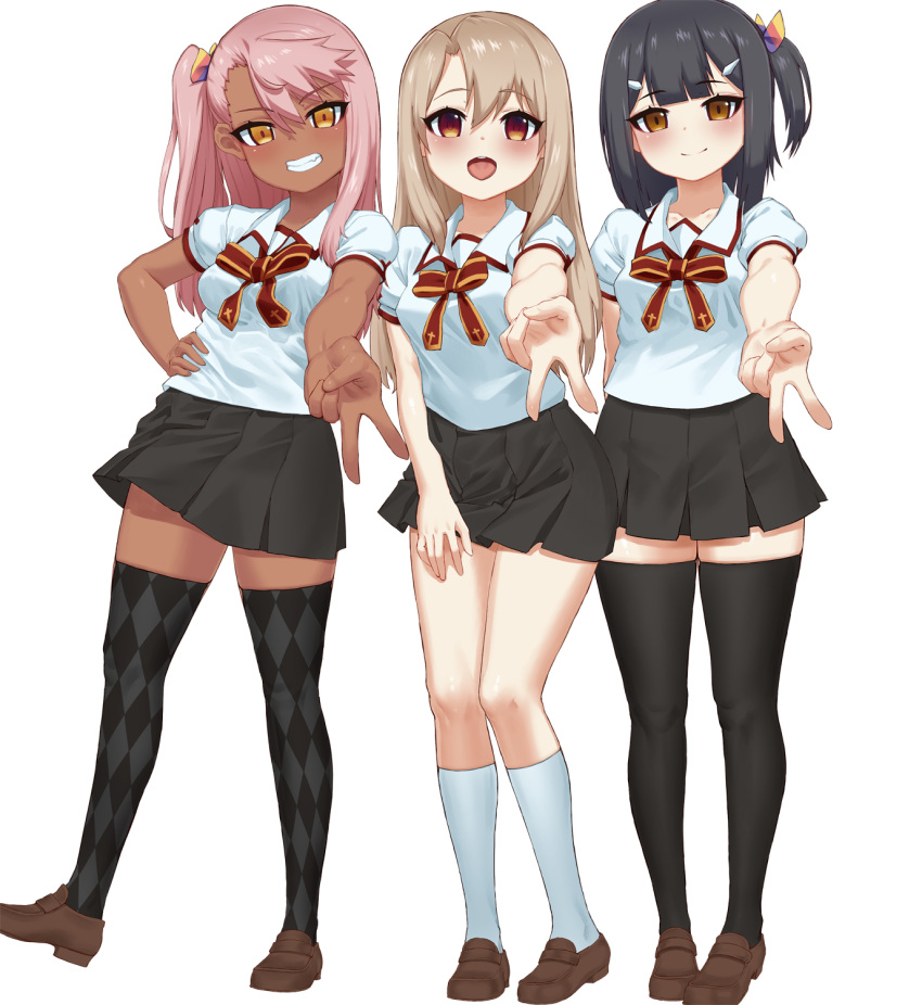 3girls black_hair black_skirt black_thighhighs blush breasts brown_eyes carbon12th chloe_von_einzbern collared_shirt dark-skinned_female dark_skin fate/kaleid_liner_prisma_illya fate_(series) full_body grin hair_ornament hairclip highres homurabara_academy_school_uniform illyasviel_von_einzbern kneehighs loafers long_hair looking_at_viewer miyu_edelfelt multiple_girls neck_ribbon one_side_up open_mouth orange_eyes pink_hair pleated_skirt puffy_short_sleeves puffy_sleeves red_eyes red_ribbon ribbon sailor_collar school_uniform shirt shoes short_sleeves sidelocks skirt small_breasts smile socks thighhighs white_hair white_sailor_collar white_shirt