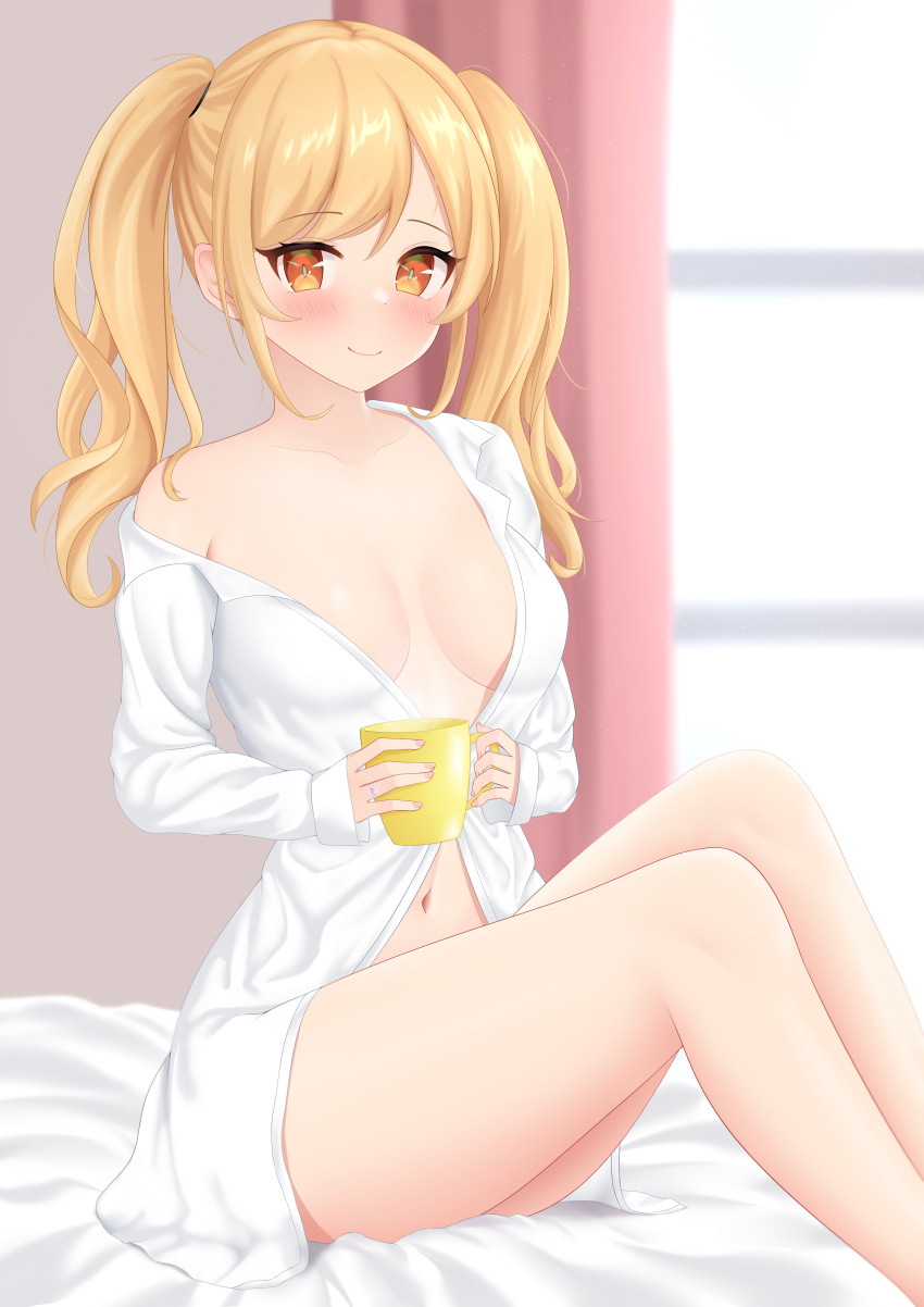 absurdres azur_lane bare_legs blonde_hair blue_eyes breasts cup day female highres holding holding_cup indoors jewelry knees leonardo_da_vinci_(azur_lane) long_hair looking_at_viewer medium_breasts naked_shirt navel nights_viper no_bra no_pants on_bed partially_unbuttoned ring shirt single_bare_shoulder small_breasts smile solo thighs twintails wedding_ring