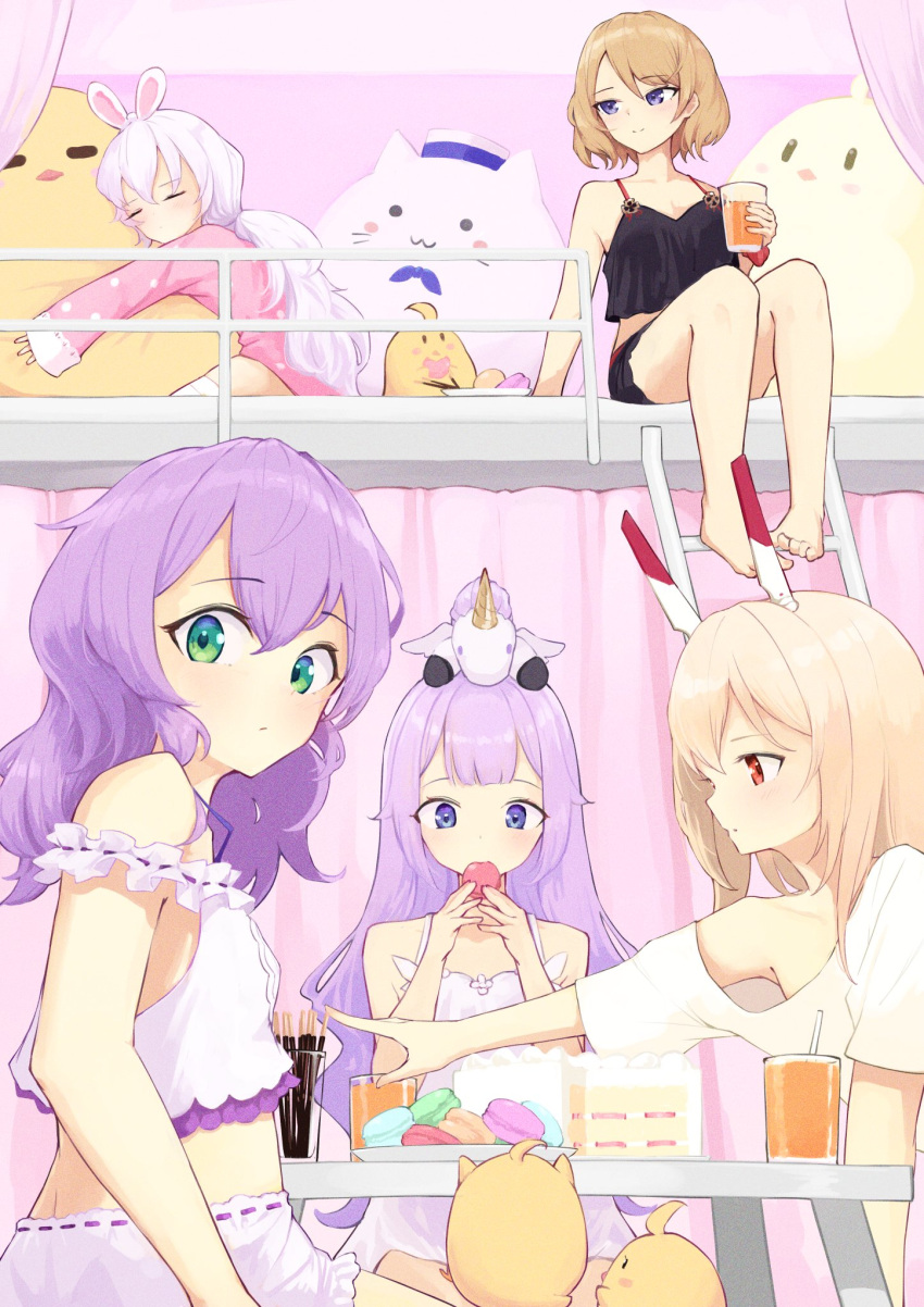 >_< 5girls animal animal_ears ayanami_(azur_lane) azur_lane bare_shoulders bird blonde_hair camisole chick commentary_request cup drinking_straw food green_eyes grey_hair headgear highres holding holding_cup javelin_(azur_lane) laffey_(azur_lane) long_hair manjuu_(azur_lane) meowfficer_(azur_lane) multiple_girls on_head purple_eyes purple_hair rabbit_ears shirt short_hair sitting stuffed_animal stuffed_toy stuffed_winged_unicorn table umiya_mizuki unicorn_(azur_lane) white_camisole z23_(azur_lane)