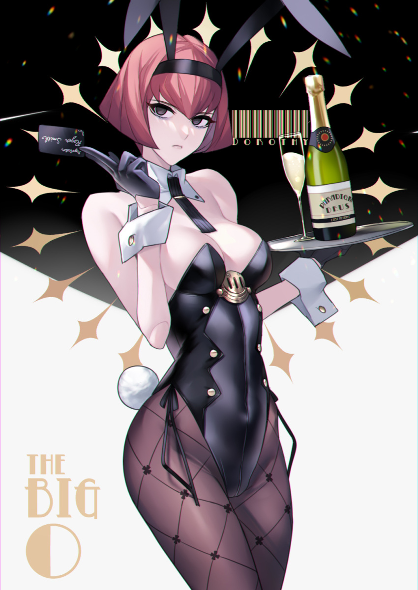 :< alcohol alternate_costume animal_ears bags_under_eyes ban!_(bansankan) barcode bare_shoulders between_fingers black_eyes black_gloves bob_cut breasts brown_pantyhose card card_between_fingers champagne champagne_flute character_name cleavage commentary_request copyright_name cowboy_shot cup detached_collar drinking_glass female fishnet_pantyhose fishnets gloves highres holding id_card leotard lips looking_to_the_side pantyhose playboy_bunny r_dorothy_wayneright rabbit_ears red_hair side-tie_leotard simple_background solid_circle_pupils solo the_big_o thighs tray wrist_cuffs