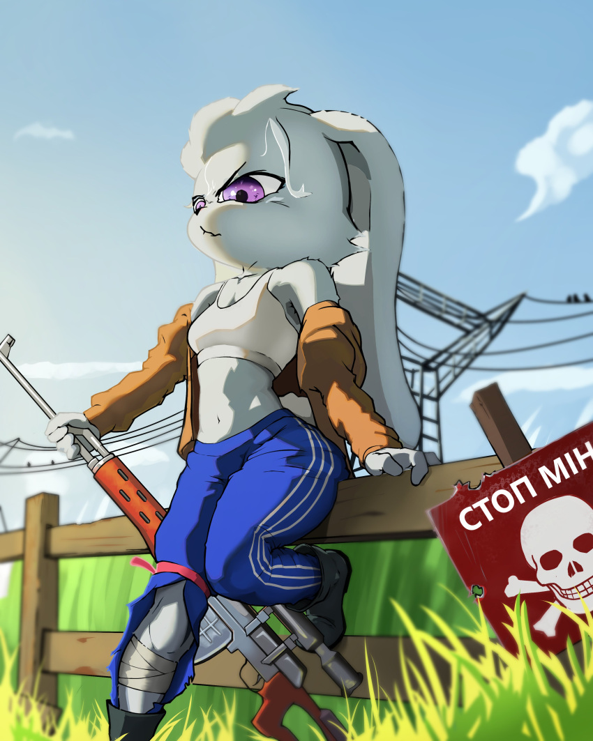 absurd_res adidas anthro bone cyrillic_text danger dragunov female fence grass gun hi_res lagomorph leporid lynda(noconcession) mammal noconcession plant rabbit ranged_weapon s.t.a.l.k.e.r. sign skull skull_head sky solo tall_grass text tourniquet weapon wounded