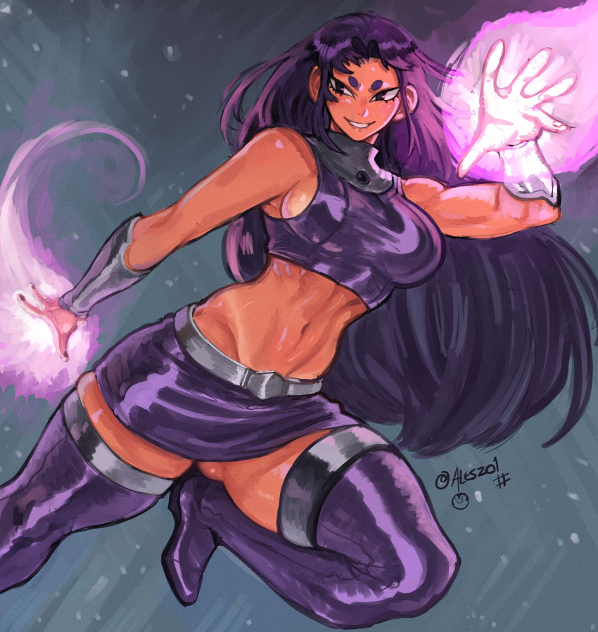 blackfire breasts dc_comics energy female flying gabriel_ales highres long_hair midriff purple_eyes purple_hair purple_skirt purple_thighhighs shiny_skin skirt teen_titans thighhighs