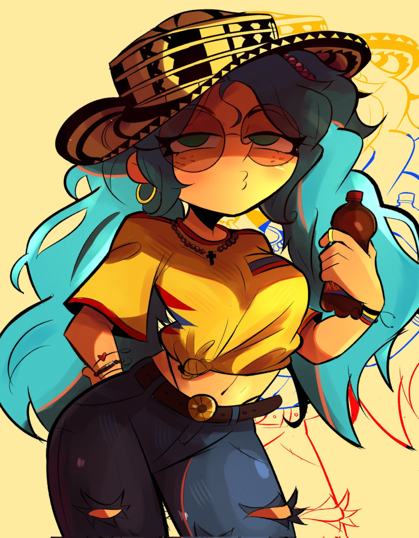 aqua_eyes belt bottle bracelet colombia colombian_clothes colombian_flag colored_eyelashes cross denim earrings freckles half-closed_eyes hat hatsune_miku heart highres holding holding_bottle jeans jewelry low_twintails moody_azz navel o3o pants ring rosary round_eyewear shaded_face shirt simple_background sombrero sunglasses tan tied_shirt torn_clothes torn_jeans torn_pants twintails vocaloid wavy_hair