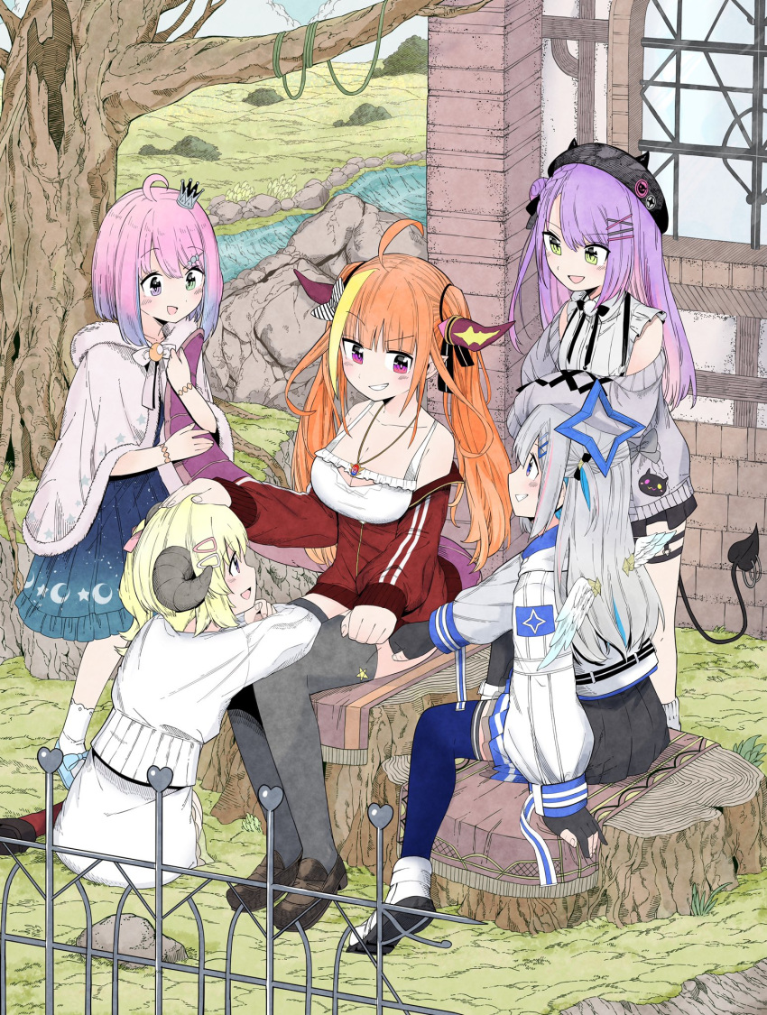 5girls ahoge amane_kanata amane_kanata_(work) black_footwear black_thighhighs blonde_hair blue_dress blue_thighhighs blunt_bangs bow breasts camisole cardigan crown dragon_horns dress fence frilled_camisole frills full_body gloves grey_cardigan hair_ornament hairclip halo hand_on_another's_head highres himemori_luna himemori_luna_(sundress) holoforce hololive horns house jacket kiryu_coco kiryu_coco_(loungewear) long_hair long_sleeves looking_at_another mini_crown multicolored_hair multiple_girls official_alternate_costume official_alternate_hair_length official_alternate_hairstyle open_mouth orange_hair outdoors partially_fingerless_gloves pink_hair pointy_ears purple_eyes purple_hair red_jacket sheep_girl sheep_horns shirt shoes short_hair sitting smile standing star_halo streaked_hair thighhighs tokoyami_towa tokoyami_towa_(jirai_kei) track_jacket tree tree_stump tsunomaki_watame tsunomaki_watame_(street_casual) twintails virtual_youtuber white_jacket white_shirt wings yurai0739