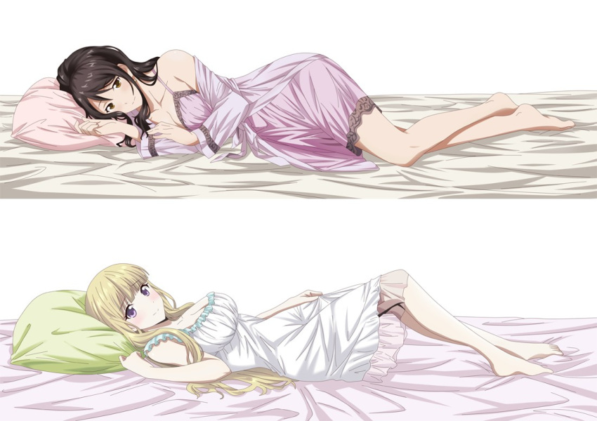 2girls amalie_mainbach bare_shoulders bed_sheet black_hair blonde_hair blush breasts cleavage collarbone dress elise_katharina_von_hohenheim full_body hachinan_tte_sore_wa_nai_deshou! huge_breasts large_breasts long_hair looking_at_viewer looking_to_the_side multiple_girls nightgown no_bra non-web_source pajamas purple_eyes skirt smile thighs very_long_hair yellow_eyes