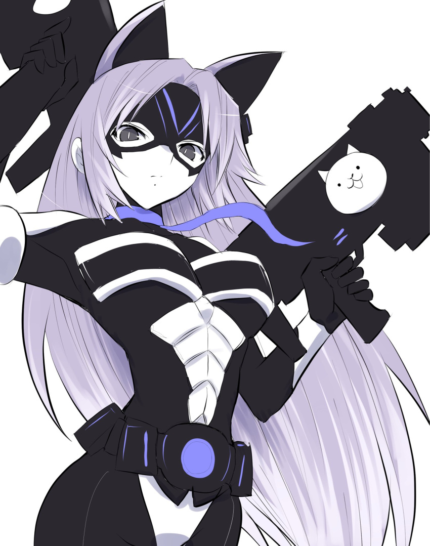 animal_ears belt black_bodysuit black_mask blue_mask bodysuit breasts cat_(nyanko_daisensou) cat_ears female grey_hair gun highres holding holding_gun holding_weapon long_hair looking_at_viewer mask medium_breasts murayamawataru nyanko_daisensou spectral_cat_(nyanko_daisensou) two-tone_bodysuit two-tone_mask very_long_hair weapon white_bodysuit