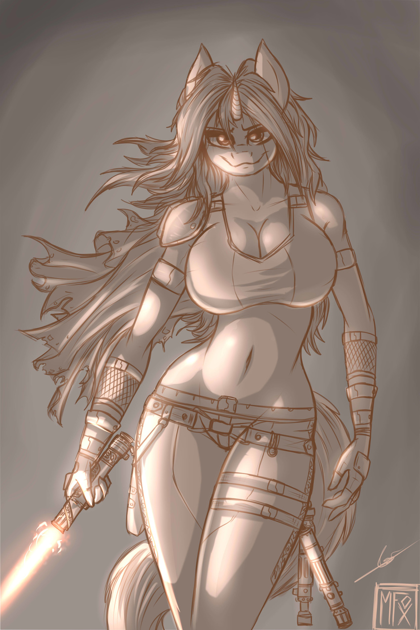 2015 2:3 absurd_res amber_steel anthro armor breasts cape cleavage clothed clothing crossover equid equine female fingerless_gloves gloves greyscale hair handwear hasbro hi_res horn lightsaber long_hair looking_at_viewer mammal melee_weapon midriff monochrome my_little_pony mythological_creature mythological_equine mythology navel orange_lightsaber portrait solo star_wars tacticalfur three-quarter_portrait topwear tube_top unicorn weapon