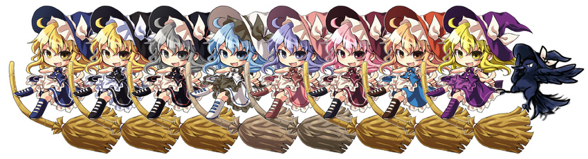 alternate_color animal_ears animalization bird blonde_hair blue_eyes blue_hair broom brown_eyes brown_hair chibi commentary_request crow dress female grey_eyes grey_hair hat hat_ribbon highres hopeless_masquerade kirisame_marisa kirisame_marisa_(crow) light_purple_hair long_hair open_mouth pink_eyes pointing puffy_short_sleeves puffy_sleeves purple_eyes ribbon short_sleeves simple_background skirt smile touhou white_background yellow_eyes ys_(fall)