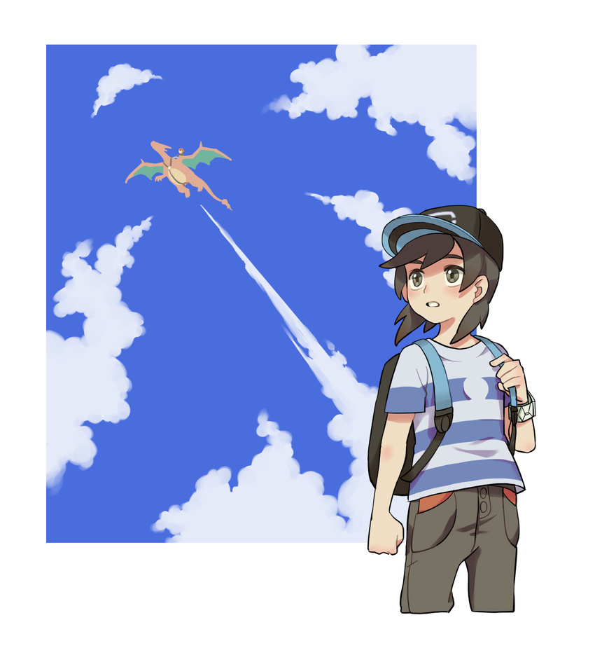 1boy bag baseball_cap black_eyes black_hair black_pants blue_sky blush charizard cloud commentary_request day elio_(pokemon) flame-tipped_tail hat highres maga_(comicfans100) male_focus outside_border pants pokemon pokemon_(creature) pokemon_sm shirt simple_background sky striped_clothes striped_shirt teeth white_background z-ring