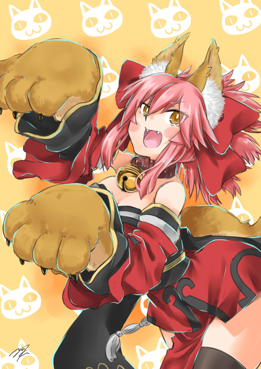 absurdres animal_ear_fluff animal_ears animal_hands bare_shoulders bell black_thighhighs blush_stickers breasts cat_paws cleavage collar commentary_request fangs fate/grand_order fate_(series) female fox_ears fox_tail gloves hair_ribbon highres japanese_clothes jingle_bell large_breasts long_hair neck_bell open_mouth paw_gloves paw_pose pink_hair ponytail red_ribbon ribbon solo tahira_ureka tail tamamo_(fate) tamamo_cat_(fate) tamamo_cat_(first_ascension)_(fate) thighhighs