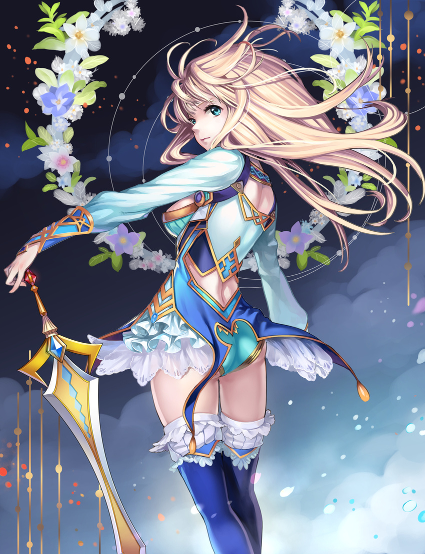 ass blonde_hair blue_leotard blue_thighhighs breasts commentary_request female floating_hair flower from_behind green_eyes highres holding holding_sword holding_weapon leotard long_hair looking_at_viewer looking_back medium_breasts original sideboob solo standing sword thighhighs very_long_hair weapon yamanashi_kawanashi