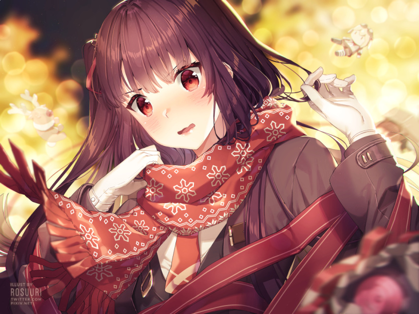 adjusting_scarf alternate_costume artist_name bangs blazer blurry blush bokeh breasts brown_coat character_doll coat commentary_request depth_of_field embarrassed eyebrows_visible_through_hair girls_frontline gloves hair_ribbon half_updo jacket kalina_(girls_frontline) large_breasts long_hair long_sleeves looking_at_viewer necktie one_side_up open_clothes open_coat open_mouth purple_hair red_eyes red_neckwear ribbon rosuuri scarf shirt snowflake_print solo very_long_hair wa2000_(girls_frontline)