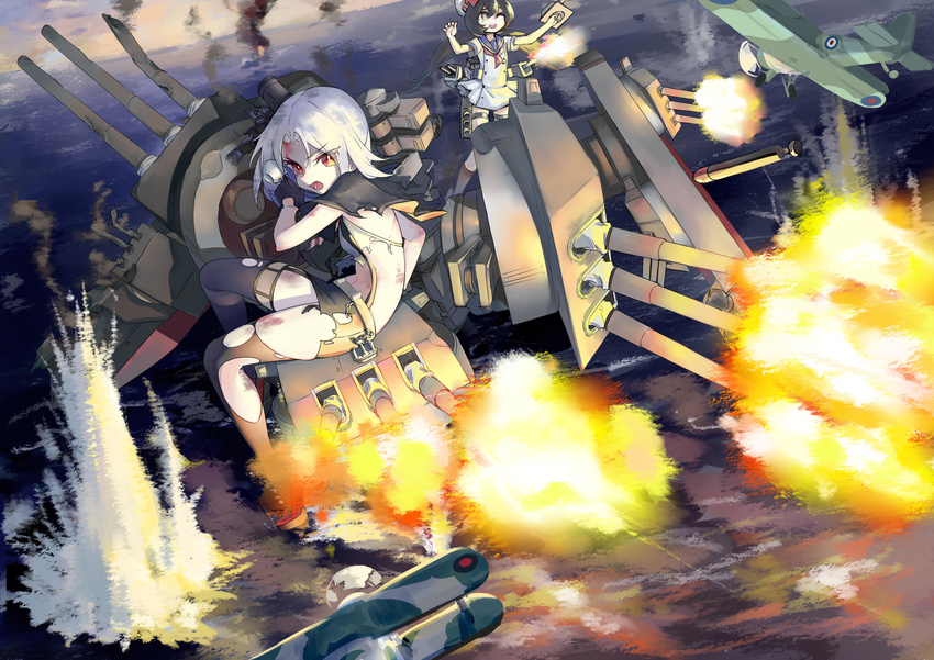 2girls absurdres aircraft airplane anchor antonio_da_noli_(warship_girls_r) battle biplane black_gloves black_legwear bow buttons cannon capelet commentary_request cup damaged double-breasted explosion garter_straps gloves gun hat headgear highres holding holding_cup holding_gun holding_weapon long_hair low_twintails machinery multiple_girls photoshop_(medium) purple_eyes purple_hair red_bow red_eyes red_footwear redauto shirt shoes sitting skirt thighhighs torn_clothes torn_shirt torn_skirt torn_thighhighs torpedo turret twintails very_long_hair vittorio_veneto_(warship_girls_r) warship_girls_r weapon white_hair