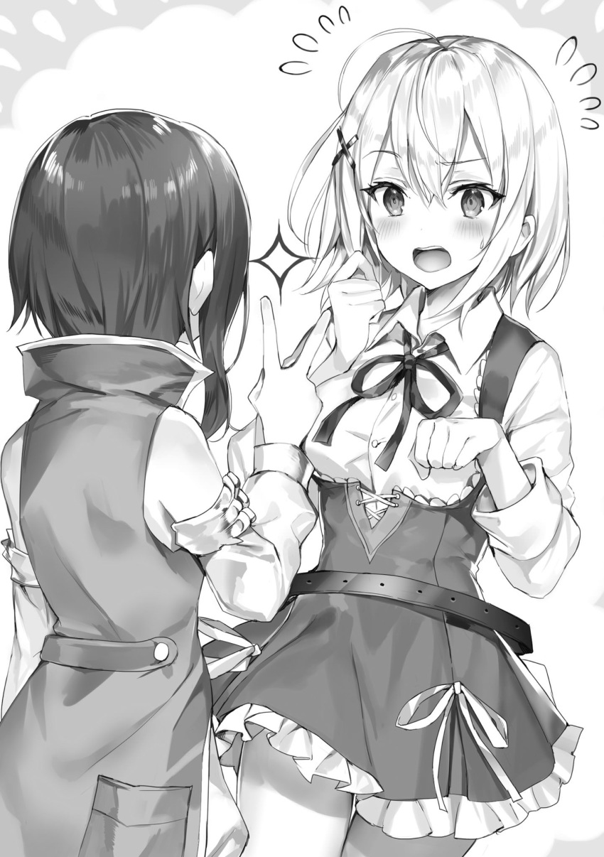 1other arm_at_side bare_shoulders belt blush breasts clenched_hands female flying_sweatdrops frilled_skirt frills greyscale hair_between_eyes hair_ornament hand_up highres kudou_ayato last_embryo looking_at_another loose_belt momoko_(momopoco) mondaiji-tachi_ga_isekai_kara_kuru_sou_desu_yo? monochrome neck_ribbon novel_illustration official_art open_mouth paw_pose raised_eyebrows ribbon short_hair simple_background skirt solo_focus sparkle standing surprised sweat sweatdrop thigh_gap v wing_collar x_hair_ornament