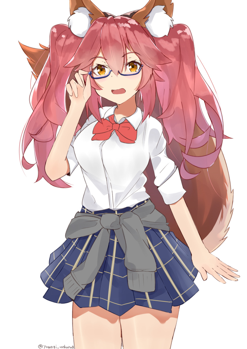 absurdres animal_ear_fluff animal_ears bad_id bad_pixiv_id blush breasts clothes_around_waist fate/extella fate/extra fate/grand_order fate_(series) female fox_ears fox_tail glasses highres jacket jacket_around_waist large_breasts long_hair looking_at_viewer official_alternate_costume open_mouth pink_hair school_uniform shirt simple_background skirt smile solo tail tamamo_(fate) tamamo_no_mae_(fate/extra) tamamo_no_mae_(jk)_(fate) twintails white_background yellow_eyes yomogi_uehara