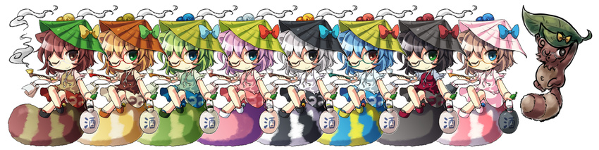 alternate_color animal_ears animalization bell bird blonde_hair blue_eyes blue_hair brown_eyes brown_hair chibi closed_mouth commentary_request female futatsuiwa_mamizou futatsuiwa_mamizou_(tanuki) glasses gourd green_eyes green_hair grey_eyes grey_hair hair_bell hair_ornament highres hopeless_masquerade leaf leaf_on_head one_eye_closed purple_hair raccoon raccoon_ears raccoon_tail ribbon short_hair short_sleeves simple_background sitting_on_own_tail skirt smile smoking_pipe tail tanuki touhou white_background wide_image yellow_eyes ys_(fall)