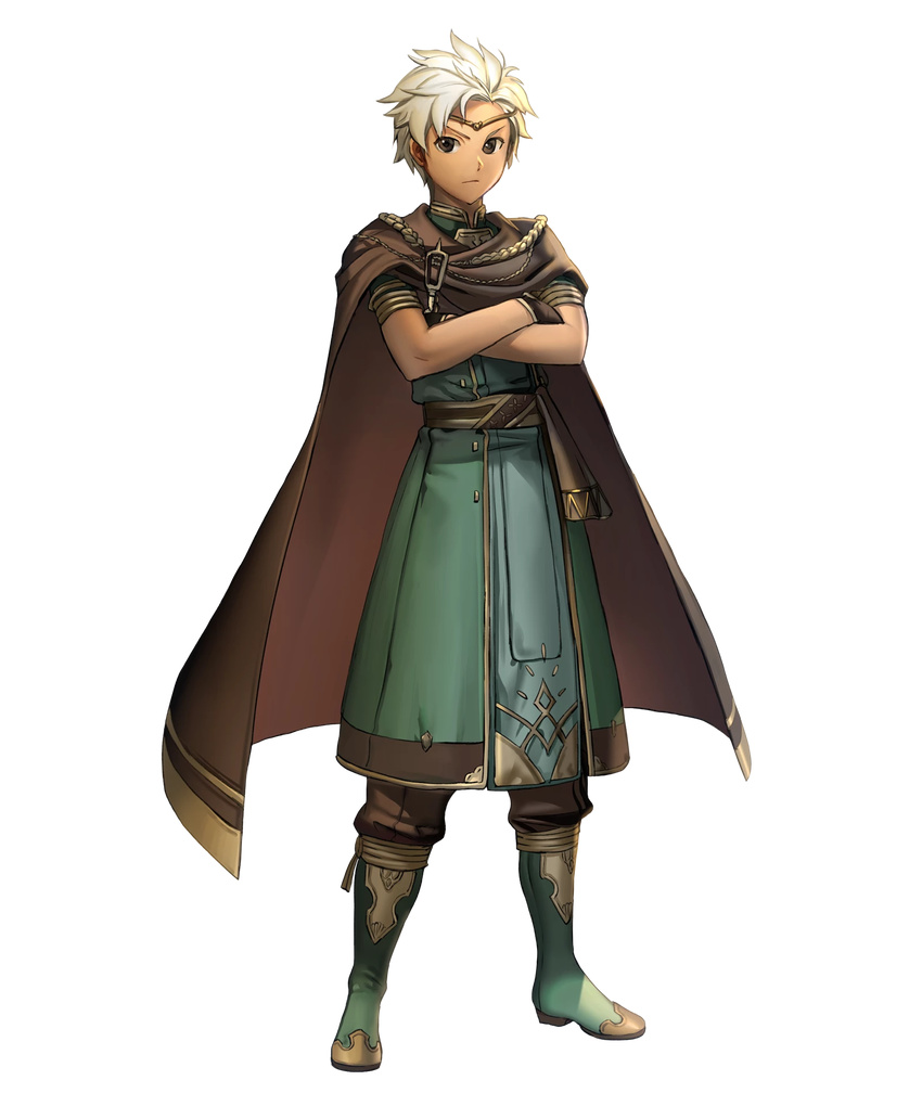 1boy aoji_(aoji-web) boey_(fire_emblem) boots brown_eyes cape circlet commentary_request crossed_arms dark-skinned_male dark_skin fire_emblem fire_emblem_echoes:_shadows_of_valentia fire_emblem_heroes full_body gloves highres knee_boots looking_at_viewer male_focus official_art pants short_sleeves solo transparent_background white_hair