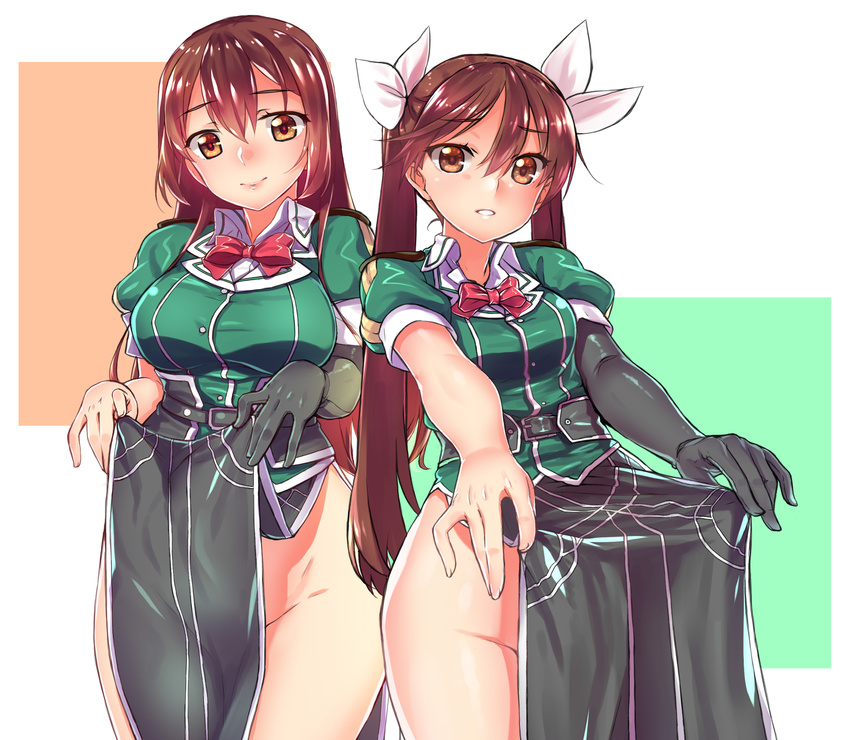 2girls asymmetrical_legwear bad_id bad_pixiv_id breasts brown_eyes brown_hair chiha_(abo_ecm_mk25) chikuma_(kancolle) chikuma_kai_ni_(kancolle) commentary_request cowboy_shot dress elbow_gloves gloves hair_between_eyes hair_ribbon highres kantai_collection large_breasts long_hair looking_at_viewer medium_breasts multiple_girls no_panties no_pants pelvic_curtain ribbon short_dress side_slit single_elbow_glove single_glove single_thighhigh thighhighs thighs tone_(kancolle) tone_kai_ni_(kancolle) twintails uneven_legwear white_ribbon