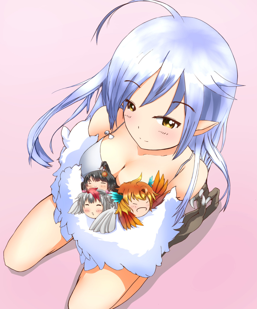 4girls ahoge ba_shikon bima_(monster_musume) black_hair breasts cleavage closed_eyes cockatrice commentary_request feather_hair_ornament feathered_wings feathers from_above grey_hair grey_wings hair_ornament harpy haru_(monster_musume) highres kuune_(monster_musume) long_hair medium_breasts mini_person minigirl misaki_(monster_musume) monster_girl monster_musume_no_iru_nichijou monster_musume_no_iru_nichijou_online multicolored_hair multiple_girls orange_hair orange_wings pointy_ears red_hair shadow simple_background sitting smile solo_focus talons wariza white_hair white_wings winged_arms wings yatagarasu yellow_eyes