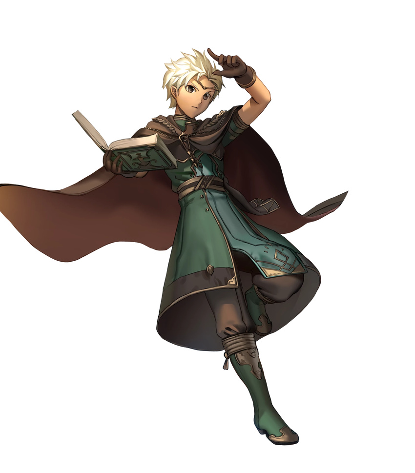 1boy aoji_(aoji-web) boey_(fire_emblem) book boots brown_eyes cape circlet commentary_request dark-skinned_male dark_skin fire_emblem fire_emblem_echoes:_shadows_of_valentia fire_emblem_heroes full_body gloves highres holding knee_boots male_focus official_art pants short_sleeves solo transparent_background white_hair