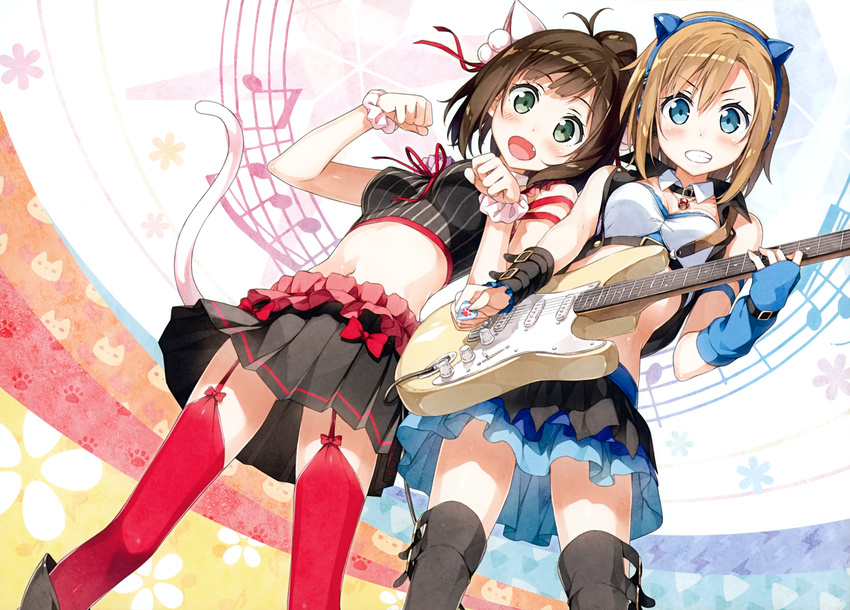 2girls absurdres animal_ears asterisk_(idolmaster) bare_shoulders beamed_sixteenth_notes bell black_footwear black_hair blue_eyes blush boots bow brown_hair cat_ears cat_tail clenched_teeth collar eighth_note electric_guitar fender_stratocaster garter_straps green_eyes guitar hairband highres holding idolmaster idolmaster_cinderella_girls instrument kantoku looking_at_viewer maekawa_miku midriff multiple_girls musical_note navel oerba_yun_fang open_mouth over_the_collar_(idolmaster) paw_pose pleated_skirt plectrum quarter_note red_legwear ribbon scan scrunchie short_hair skirt smile tada_riina tail teeth thigh_boots thighhighs zettai_ryouiki