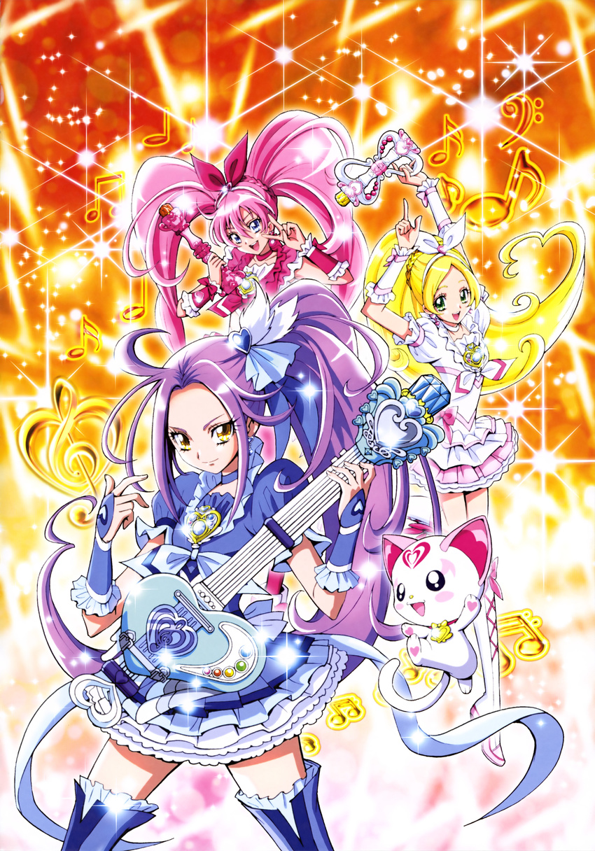 3girls :d absurdres arms_up blonde_hair blue_eyes blue_footwear blue_ribbon boots bow bridal_gauntlets choker cure_beat cure_melody cure_rhythm earrings feline floating_hair g-clef_(suite_precure) green_eyes guitar hair_ribbon hairbow heart heart_earrings high_ponytail high_side_ponytail highres holding holding_instrument houjou_hibiki hummy_(suite_precure) index_finger_raised instrument jewelry kamikita_futago knee_boots kurokawa_eren layered_skirt long_hair looking_at_viewer magical_girl minamino_kanade multiple_girls open_mouth pink_hair pink_skirt pink_wrist_cuffs precure purple_hair red_ribbon ribbon ribbon_choker seiren_(suite_precure) short_sleeves side_ponytail skirt sleeveless smile standing suite_precure thigh_boots thighhighs twintails v very_long_hair white_footwear white_ribbon wrist_cuffs yellow_eyes