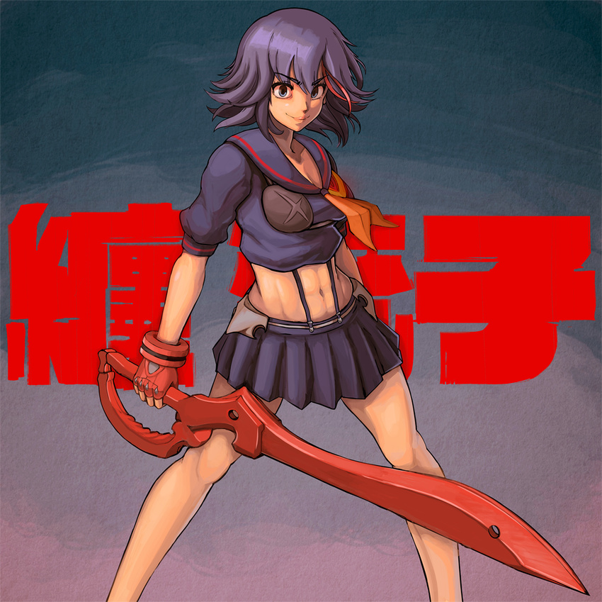 blue_eyes female gloves kill_la_kill matoi_ryuuko multicolored_hair mynare navel photoshop_(medium) school_uniform scissor_blade_(kill_la_kill) senketsu serafuku short_hair skirt solo suspenders sword two-tone_hair weapon