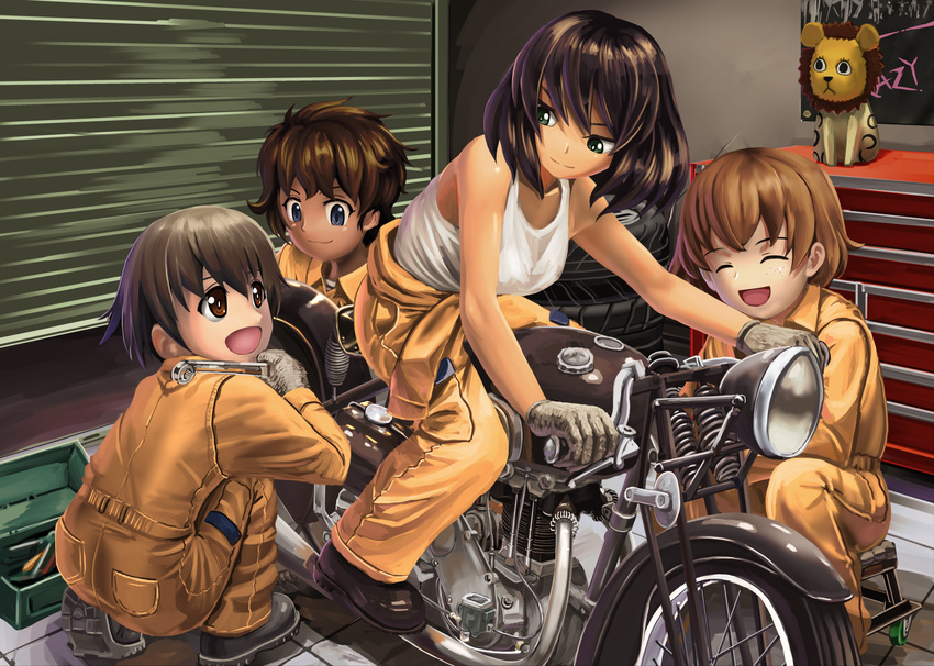 >:) 4girls :d ^_^ abazu-red black_footwear blue_eyes brown_eyes brown_hair closed_eyes clothes_around_waist commentary_request dark-skinned_female dark_skin freckles girls_und_panzer gloves green_eyes highres holding hoshino_(girls_und_panzer) indoors jumpsuit kneeling leopon_(animal) long_sleeves looking_at_another looking_back mechanic meguro_z98 motor_vehicle motorcycle multiple_girls nakajima_(girls_und_panzer) on_motorcycle open_mouth orange_jumpsuit overhead_door shirt shoes short_hair sitting sleeveless smile socket_wrench squatting stool straddling stuffed_animal stuffed_toy suzuki_(girls_und_panzer) tank_top tile_floor tiles tire toolbox tsuchiya_(girls_und_panzer) v-shaped_eyebrows wheel white_gloves white_shirt wrench