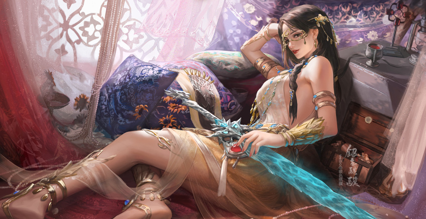 anklet barefoot beads braid brown_hair canaan_(yong_jie_wujian) cup curtains drawer earrings female flower glitter hand_on_own_head jewelry looking_at_viewer lying mask medium_hair pillow solo sword table teeth weapon yinse_qiji yong_jie_wujian