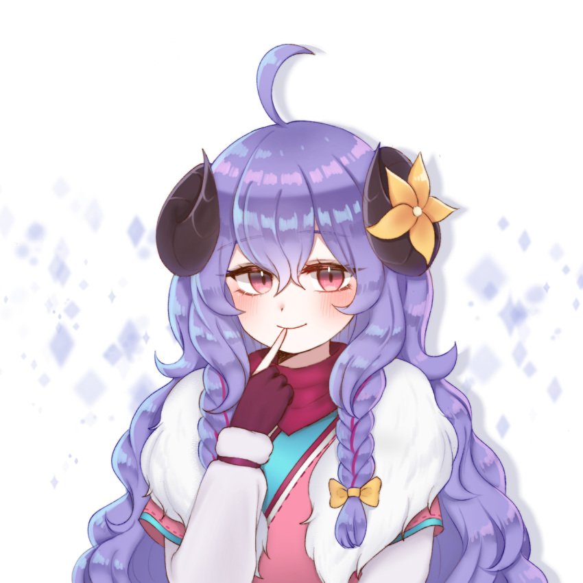 ahoge alternate_eye_color bad_id bad_pixiv_id blue_hair blush braid curled_horns female finger_to_mouth fingerless_gloves flower fur_(clothing) gloves hair_between_eyes hair_flower hair_ornament highres horn_flower horns hyeroin japanese_clothes kindred_(league_of_legends) lamb_(league_of_legends) league_of_legends long_hair no_mask official_alternate_costume official_alternate_hairstyle pointing pointing_at_self purple_hair ribbon side_braid simple_background single_fingerless_glove smile solo spirit_blossom_(league_of_legends) spirit_blossom_kindred twin_braids white_background white_fur