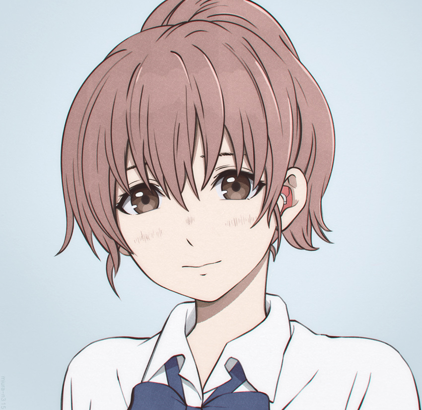 blue_background blue_bow blue_bowtie blush bow bowtie brown_eyes brown_hair closed_mouth collared_shirt commentary_request earbuds earphones female grey_background hair_between_eyes head_tilt hearing_aid koe_no_katachi light_blush light_smile looking_at_viewer miura-n315 nishimiya_shouko ponytail portrait school_uniform shirt short_hair simple_background smile solo white_shirt wing_collar