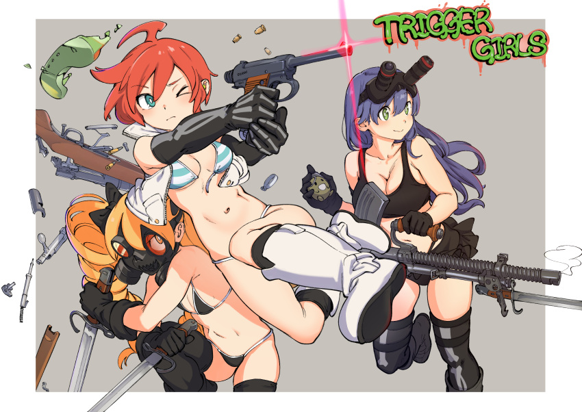 3girls ahoge aiming aqua_bikini aqua_eyes arisaka armpit_crease bare_shoulders bayonet bikini black_bikini black_bow black_gloves black_panties black_shirt black_skirt blonde_hair blue_hair blush bolt_action bone_print boots bow breasts bright_pupils broken_goggles cleavage closed_mouth collarbone cowboy_shot crop_top cropped_jacket drill_hair dual_wielding elbow_gloves explosive feet_out_of_frame firing frag full_body gas_mask gloves goggles goggles_on_head green_eyes grenade grey_background gun hair_between_eyes hair_ornament hairbow handgun highres holding holding_grenade holding_sword holding_weapon jacket kr_ohoshisama large_breasts light_frown long_hair looking_to_the_side machine_gun mask medium_breasts microskirt midair multiple_girls muzzle_(trigger) nambu_type_14 navel one_eye_closed panties pantyshot red_hair rifle shell_casing shirt short_hair simple_background skirt sleeveless sleeveless_jacket small_breasts smile spring_(trigger) string_bikini striped_bikini striped_clothes swimsuit sword thighhighs thighhighs_under_boots thighs trigger-chan trigger_(company) type_96_light_machine_gun underwear unworn_goggles upskirt very_long_hair wardrobe_malfunction weapon white_footwear white_jacket white_pupils yellow_eyes