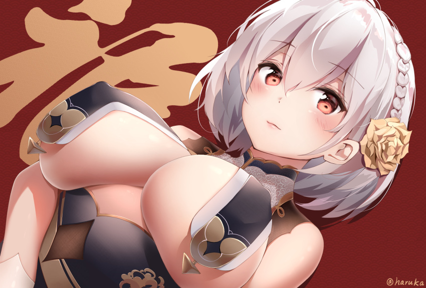 azur_lane bare_shoulders braid breast_curtains breasts cleavage closed_mouth covered_nipples female flower french_braid gold_trim hair_flower hair_ornament haruka_poi highres large_breasts looking_at_viewer no_bra official_alternate_costume red_eyes short_hair sirius_(azur_lane) sirius_(azure_horizons)_(azur_lane) sleeveless smile solo twitter_username upper_body white_hair