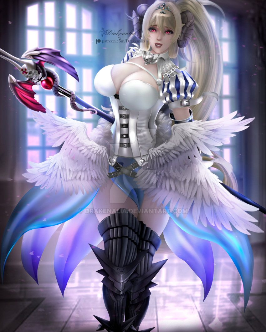 angel asymmetrical_gloves blonde_hair blush breasts buckler bustier cleavage commission demon demon_girl diadem drakenalia fantasy female gloves hair_between_eyes high_ponytail highres holding holding_polearm holding_weapon horns large_breasts long_hair looking_at_viewer lucifer_(the_seven_deadly_sins) mismatched_gloves open_mouth polearm puff_and_slash_sleeves puffy_sleeves red_eyes shield smile solo spear the_seven_deadly_sins thighhighs very_long_hair visor_(armor) weapon white_gloves wings