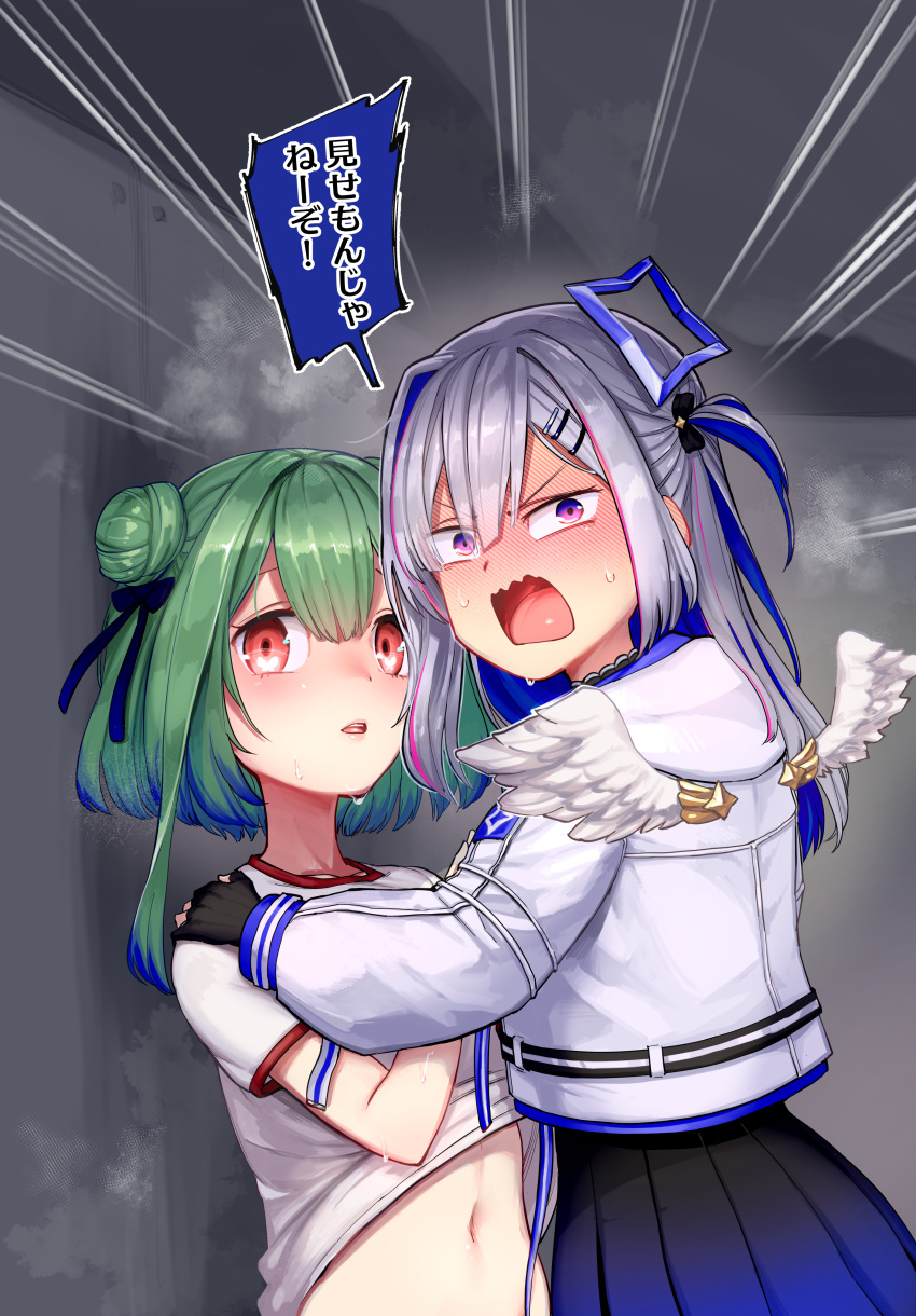 2girls absurdres amane_kanata amane_kanata_(work) angel angel_wings aomushi_(mushamusha) black_gloves blue_hair blush clothes_lift colored_inner_hair commentary_request double_bun emphasis_lines feathered_wings fingerless_gloves gloves green_hair grey_hair gym_shirt hair_between_eyes hair_bun hair_ornament halo highres hololive jacket long_hair looking_at_viewer multicolored_hair multiple_girls navel nervous_sweating purple_eyes red_eyes shirt shirt_lift short_hair steam streaked_hair sweat translation_request uruha_rushia virtual_youtuber wings yuri