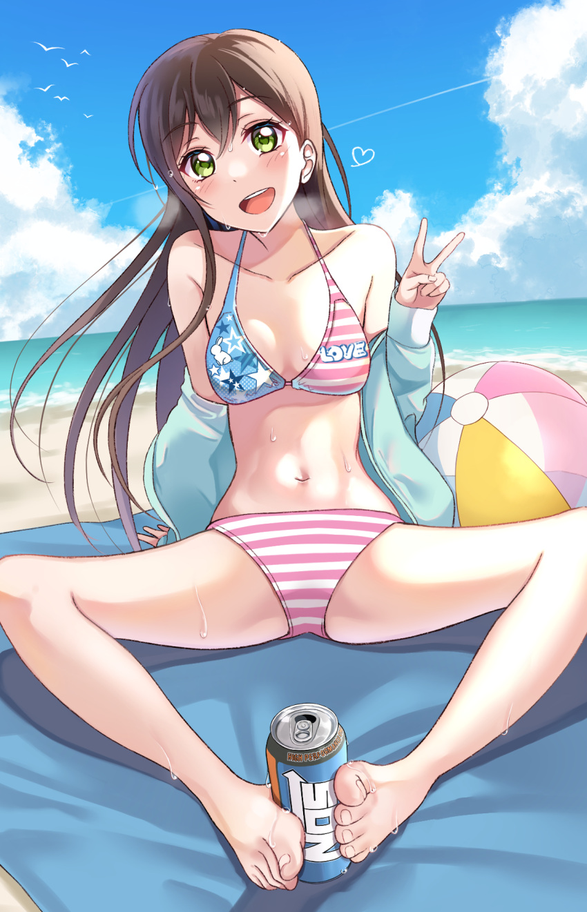 american_flag american_flag_bikini american_flag_print aranami_shibuki ball bang_dream! barefoot beach beachball bikini black_hair blue_jacket blue_sky breasts can cloud commentary_request contrapposto day drink_can female flag_print green_eyes hanazono_tae highres horizon jacket long_hair looking_at_viewer ocean outdoors print_bikini sexually_suggestive sitting sky small_breasts soda_can solo swimsuit v