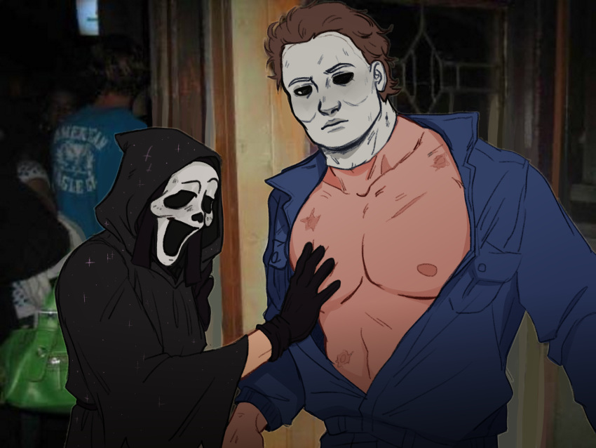 2boys bare_pectorals bars black_gloves black_jumpsuit black_robe brown_hair dead_by_daylight ghostface gloves grabbing halloween_(movie) highres hood hood_up jumpsuit large_pectorals male_focus mask meme michael_myers mozg_(bruh) multiple_boys muscular muscular_male nipples open_clothes open_jumpsuit pectoral_grab pectoral_grab_(meme) pectorals robe scream_(movie) short_hair upper_body