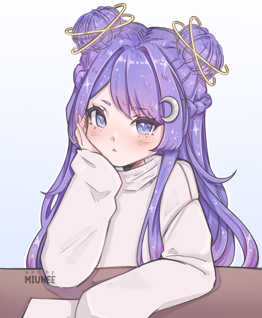 blue_eyes blush crescent crescent_hair_ornament double_halo female hair_ornament halo hand_on_own_cheek hand_on_own_face head_rest highres indie_virtual_youtuber jelly_doughnut_(vtuber) long_sleeves miunee pale_skin purple_hair sky sleeves_past_wrists solo star_(sky) starry_hair starry_sky starry_sky_print virtual_youtuber