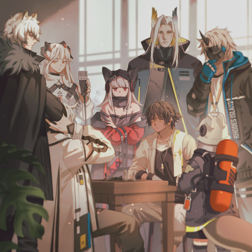 3girls 5boys animal_ears arknights bare_shoulders beard black_cape black_headwear black_jacket blue_gloves board_game brown_hair cape chess chess_piece commentary crossed_arms ears_through_headwear elysium_(arknights) facial_hair firefighter fox_ears from_side frostleaf_(arknights) fur-trimmed_cape fur_trim gloves grey_hair grey_jacket grey_shirt hair_wings headphones hellagur_(arknights) helmet high_collar highres horns implied_extra_ears jacket leopard_boy leopard_ears long_hair manjyufroth mask material_growth multiple_boys multiple_girls nail_polish noir_corne_(arknights) off-shoulder_shirt off_shoulder open_clothes open_jacket orange_eyes oripathy_lesion_(arknights) profile red_eyes red_nails saria_(arknights) shaw_(arknights) shirt short_hair silverash_(arknights) single_horn thighhighs thorns_(arknights) white_jacket