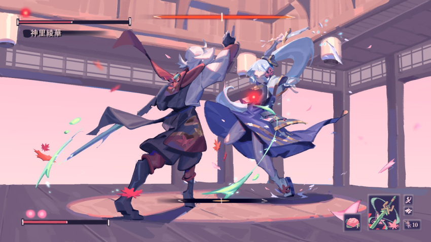 "snow_on_the_hearth"_(genshin_impact) 1boy arm_up armor boss_fight closed_eyes duel english_commentary female floral_print fortisselle gameplay_mechanics genshin_impact grey_hair health_bar highres holding holding_sword holding_weapon indoors japanese_armor japanese_clothes kaedehara_kazuha kamisato_ayaka leaf leaf_print multicolored_hair parody ponytail primordial_jade_cutter_(genshin_impact) red_hair sekiro:_shadows_die_twice sidelocks streaked_hair sword vision_(genshin_impact) weapon white_hair