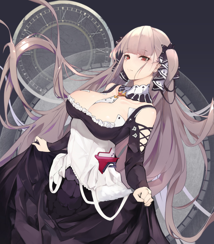 absurdres azur_lane between_breasts black_background black_dress breasts cleavage clock collar dress earrings female formidable_(azur_lane) frilled_dress frills grey_hair hair_ribbon highres jewelry large_breasts long_hair looking_at_viewer necklace platinum_blonde_hair red_eyes ribbon rigging roman_numeral skirt_hold smile solo twintails two-tone_dress two-tone_ribbon vantsuki very_long_hair watch