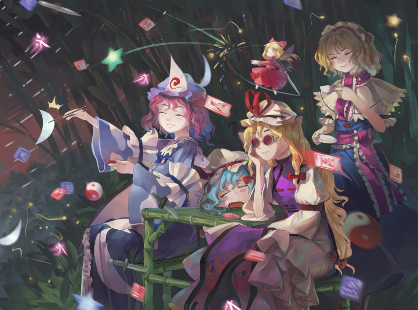 4girls alice_margatroid alternate_color bamboo bamboo_forest bat_wings battle blonde_hair blue_dress blue_hair blue_kimono bow bush capelet closed_eyes cup danmaku dress drinking eientei english_commentary fireflies flame_print forest frilled_hairband frilled_ribbon frills glasses grass grin hairband hairbow hat hat_ribbon highres holding holding_saucer hourai_doll imperishable_night japanese_clothes kimono knife light_blue_hair long_hair long_ribbon long_sleeves looking_afar mob_cap motion_blur motion_lines multiple_girls nature neck_ribbon night night_sky open_mouth pink_hair red_hairband red_ribbon red_shirt red_skirt remilia_scarlet ribbon riki6 saigyouji_yuyuko saucer shirt short_hair short_sleeves sitting skirt sky sleeping smile star_(sky) star_(symbol) starry_sky sword tabard teacup touhou tree triangular_headpiece wavy_hair weapon wide_sleeves wings yakumo_yukari yin_yang yin_yang_print