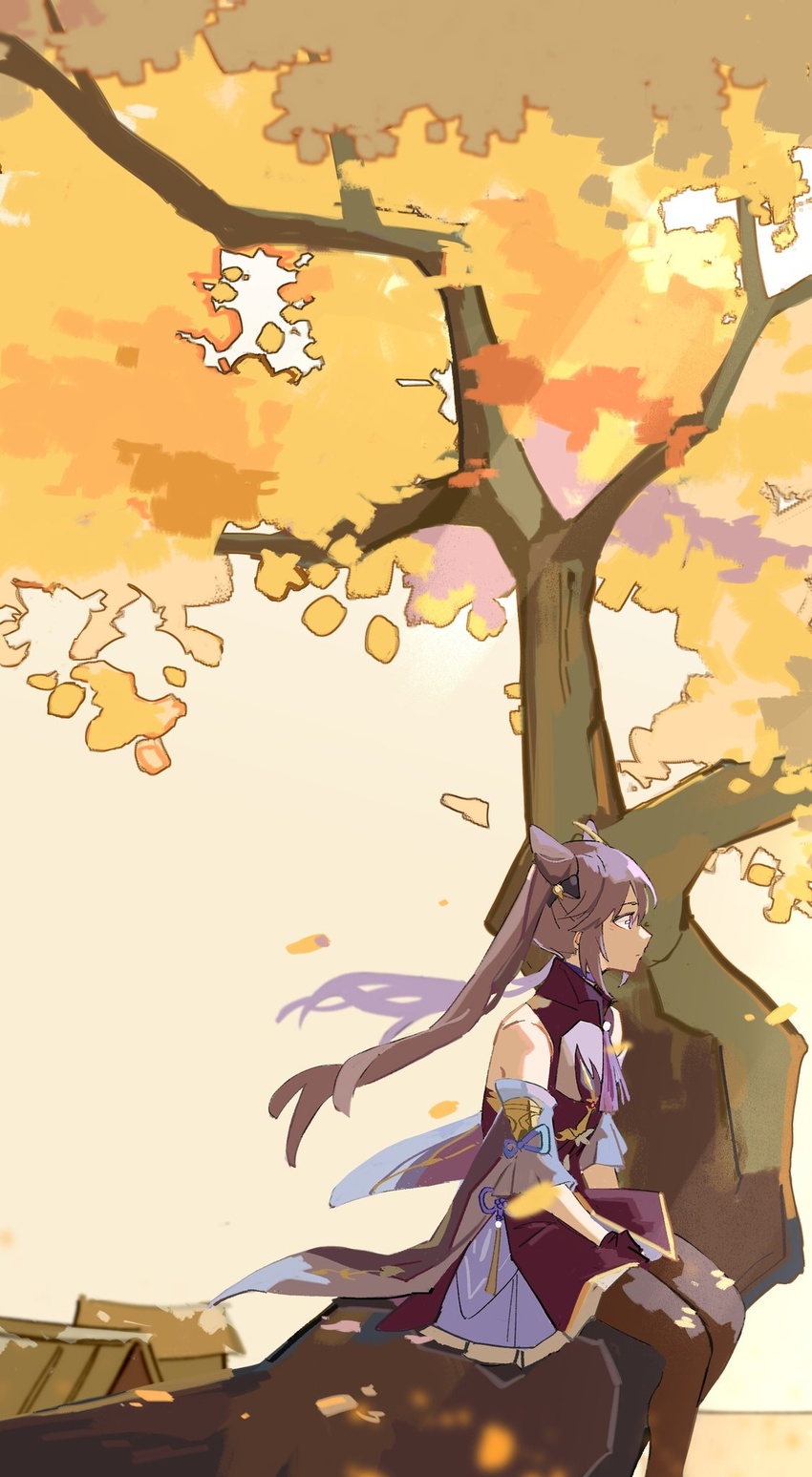 autumn_leaves bad_id bad_twitter_id bare_shoulders blue_bow bow brown_pantyhose commentary_request cone_hair_bun detached_sleeves dress expressionless feet_out_of_frame female genshin_impact hair_bun hairbow highres house in_tree keqing_(genshin_impact) kurattes long_hair outdoors pantyhose profile purple_dress purple_eyes purple_hair sitting sitting_in_tree solo tree twintails wide_sleeves