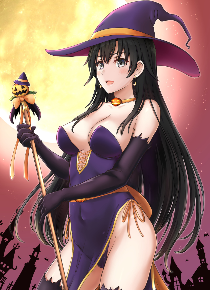 absurdres bare_shoulders bat_(animal) black_dress black_eyes black_gloves black_hair black_hat black_thighhighs breasts castle choker commentary_request covered_navel dress earrings elbow_gloves female full_moon gloves halloween halloween_costume hat highres hiratsuka_shizuka holding holding_staff inanaki_shiki jack-o'-lantern_ornament jewelry long_dress long_hair looking_at_viewer medium_breasts moon night night_sky open_mouth orange_choker orange_sash pelvic_curtain purple_sky sky smile solo staff standing strapless strapless_dress thighhighs witch witch_hat yahari_ore_no_seishun_lovecome_wa_machigatteiru.