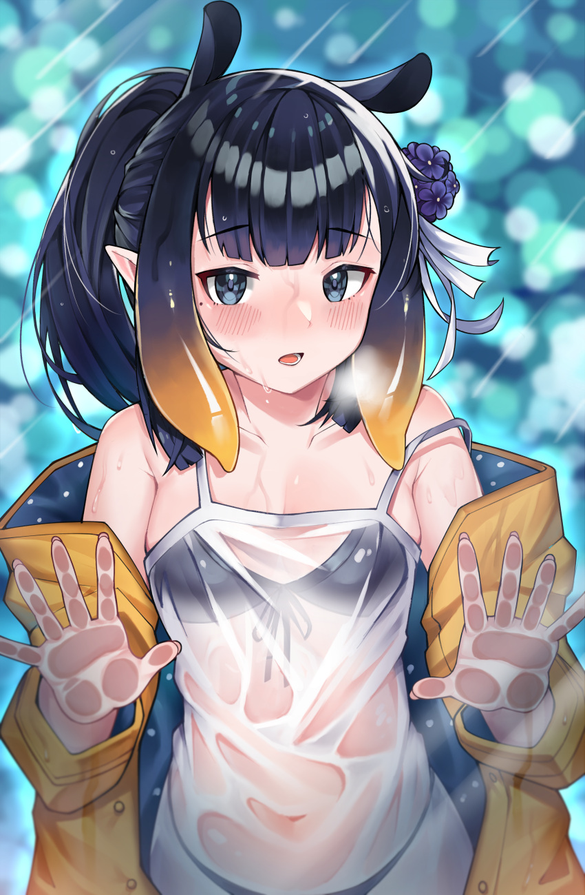 absurdres black_bra black_hair blue_eyes blunt_bangs blush bra bra_visible_through_clothes breasts camisole female flower gradient_hair hair_flower hair_ornament highres hololive hololive_english jacket libratul long_hair looking_at_viewer mole mole_under_eye multicolored_hair ninomae_ina'nis off_shoulder official_alternate_hairstyle open_mouth orange_hair pointy_ears ponytail purple_flower see-through shirt sidelocks small_breasts solo tentacle_hair tied_hair underwear violet_(ninomae_ina'nis) virtual_youtuber wet wet_clothes wet_shirt white_camisole