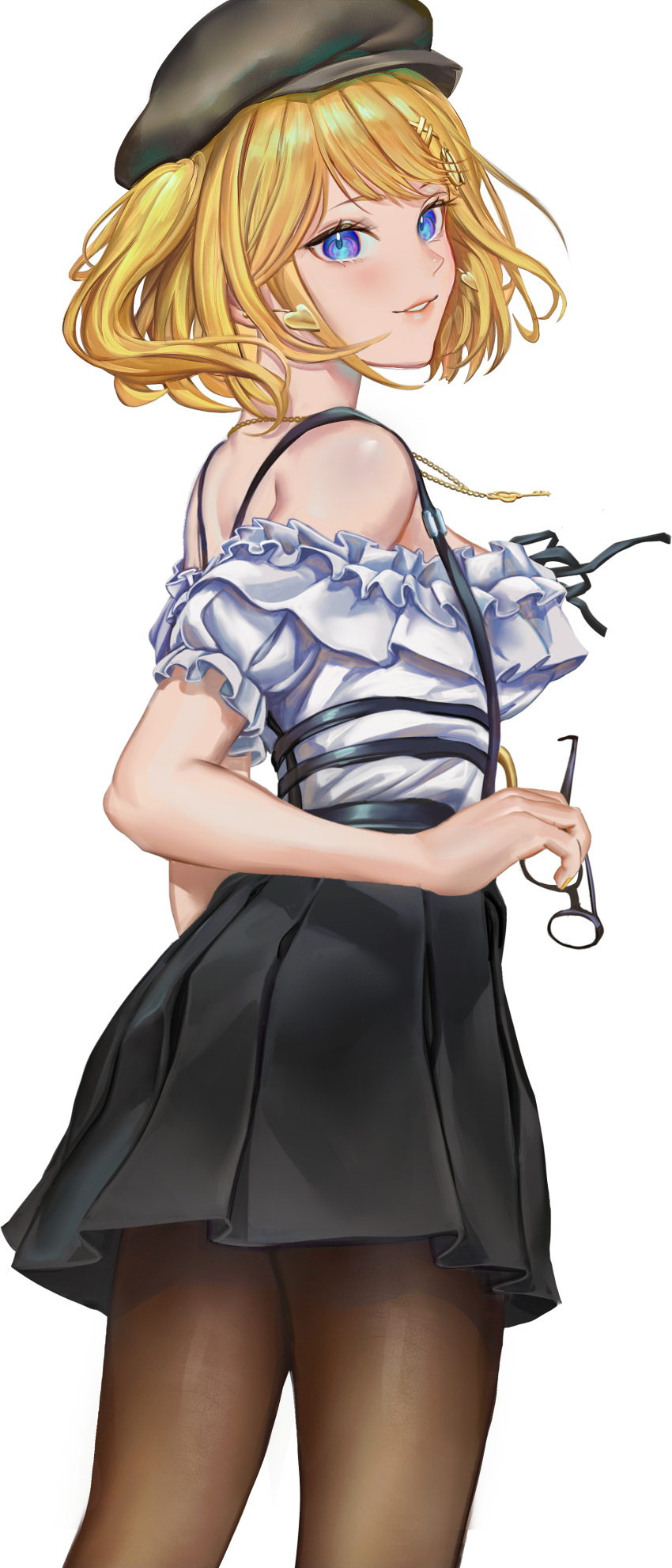 absurdres artofkuzu bare_shoulders black_hat black_skirt blonde_hair blue_eyes blush commentary cowboy_shot earrings english_commentary female from_behind glasses hat heart heart_earrings highres holding holding_removed_eyewear hololive hololive_english jewelry looking_at_viewer off-shoulder_shirt off_shoulder official_alternate_hairstyle pantyhose parted_lips pleated_skirt shirt short_hair short_sleeves simple_background skirt smile solo standing suspender_skirt suspenders unworn_eyewear virtual_youtuber watson_amelia watson_amelia_(street_casual) white_background white_shirt