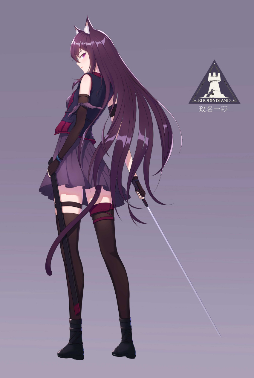 absurdres animal_ears arknights armband asymmetrical_gloves asymmetrical_legwear black_footwear black_gloves black_legwear black_vest blush boots breasts cat_ears cat_tail chinese_commentary commentary dhsl dress elbow_gloves female fingerless_gloves from_behind full_body gloves gradient_background highres holding holding_sheath holding_sword holding_weapon infection_monitor_(arknights) long_hair looking_at_viewer looking_back melantha_(arknights) parted_lips pleated_dress purple_background purple_dress purple_eyes purple_hair rhodes_island_logo_(arknights) scabbard sheath simple_background sleeveless small_breasts smile solo standing straight_hair sword tail thigh_strap thighhighs unsheathed vest weapon