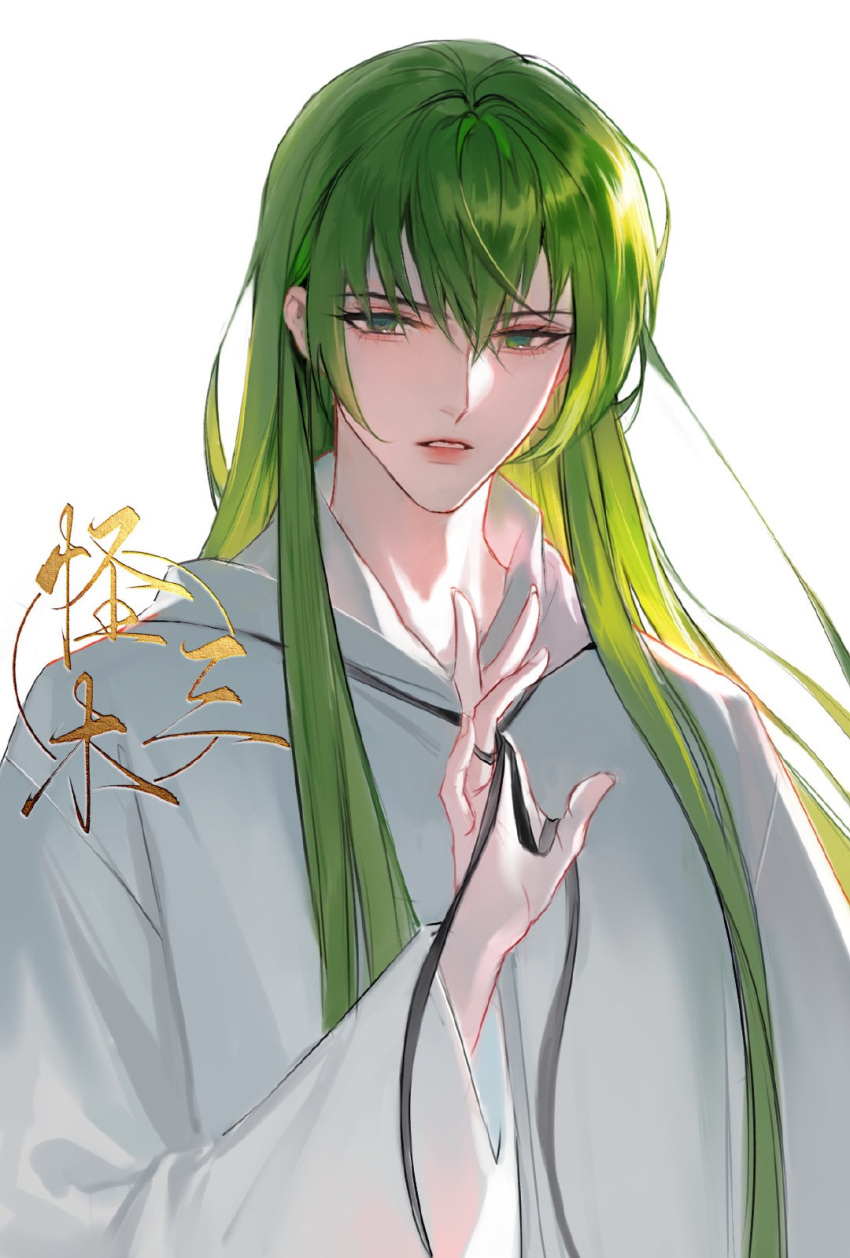 1other androgynous chinese_text enkidu_(fate) fate/grand_order fate/strange_fake fate_(series) green_eyes green_hair guaisanmu hand_up highres light long_hair robe simple_background solo upper_body very_long_hair white_background