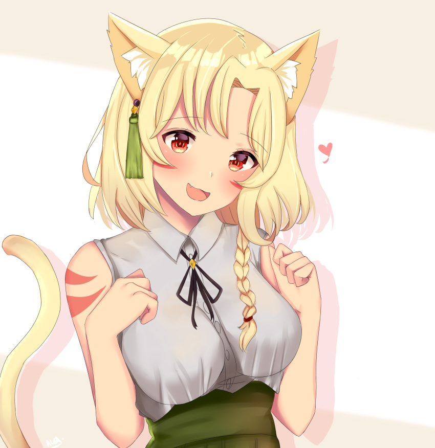 absurdres animal_ear_fluff animal_ears brown_eyes cat_ears cat_girl cat_tail clenched_hands english_commentary female green_skirt grey_shirt heart highres indie_virtual_youtuber kitanya_nyanta oerba_yun_fang open_mouth shirt shirt_tucked_in short_hair simple_background skirt sleeveless sleeveless_shirt smile solo tail virtual_youtuber white_background xxalisa