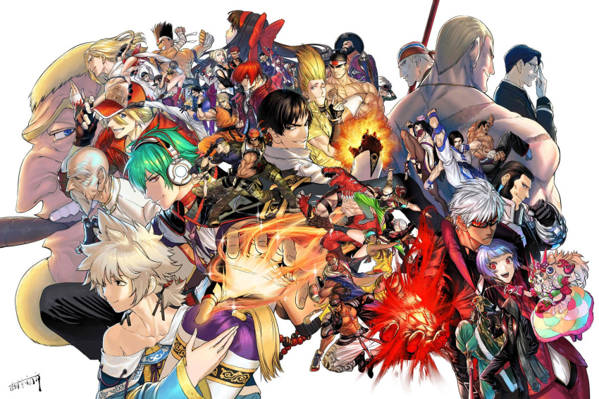 6+boys 6+girls alice_garnet_nakata andy_bogard angel_(kof) antonov_(kof) asamiya_athena azuma_kyoutarou_(artist) bandeiras_hattori billy_kane black_hair blonde_hair boots camouflage camouflage_pants chang_koehan chaps chin_gentsai choi_bounge clark_still cowboy_boots cropped_jacket crown daimon_gorou dinosaur_boy dinosaur_costume everyone eyeball eyepatch fake_horns fatal_fury fingerless_gloves gang-il garou:_mark_of_the_wolves geese_howard gloves green_hair hair_over_one_eye hein_(kof) highres horns jacket joe_higashi k'_(kof) kim_kaphwan king_(snk) king_of_dinosaurs kukri_(kof) kula_diamond kusanagi_kyou leather leather_jacket leona_heidern logo luong mature_(kof) maxima meitenkun mian_(kof) mini_crown multiple_boys multiple_girls nakoruru nelson_(kof) nikaidou_benimaru official_art pants ralf_jones ramon_(kof) robert_garcia ryou_sakazaki ryuuko_no_ken samurai_spirits shiranui_mai shun'ei sie_kensou snk sylvie_paula_paula tank_top terry_bogard the_king_of_fighters the_king_of_fighters:_a_new_beginning the_king_of_fighters_xiv toned tung_fue_rue vice_(kof) white_hair xanadu_(kof) yagami_iori yellow_tank_top yuri_sakazaki zarina